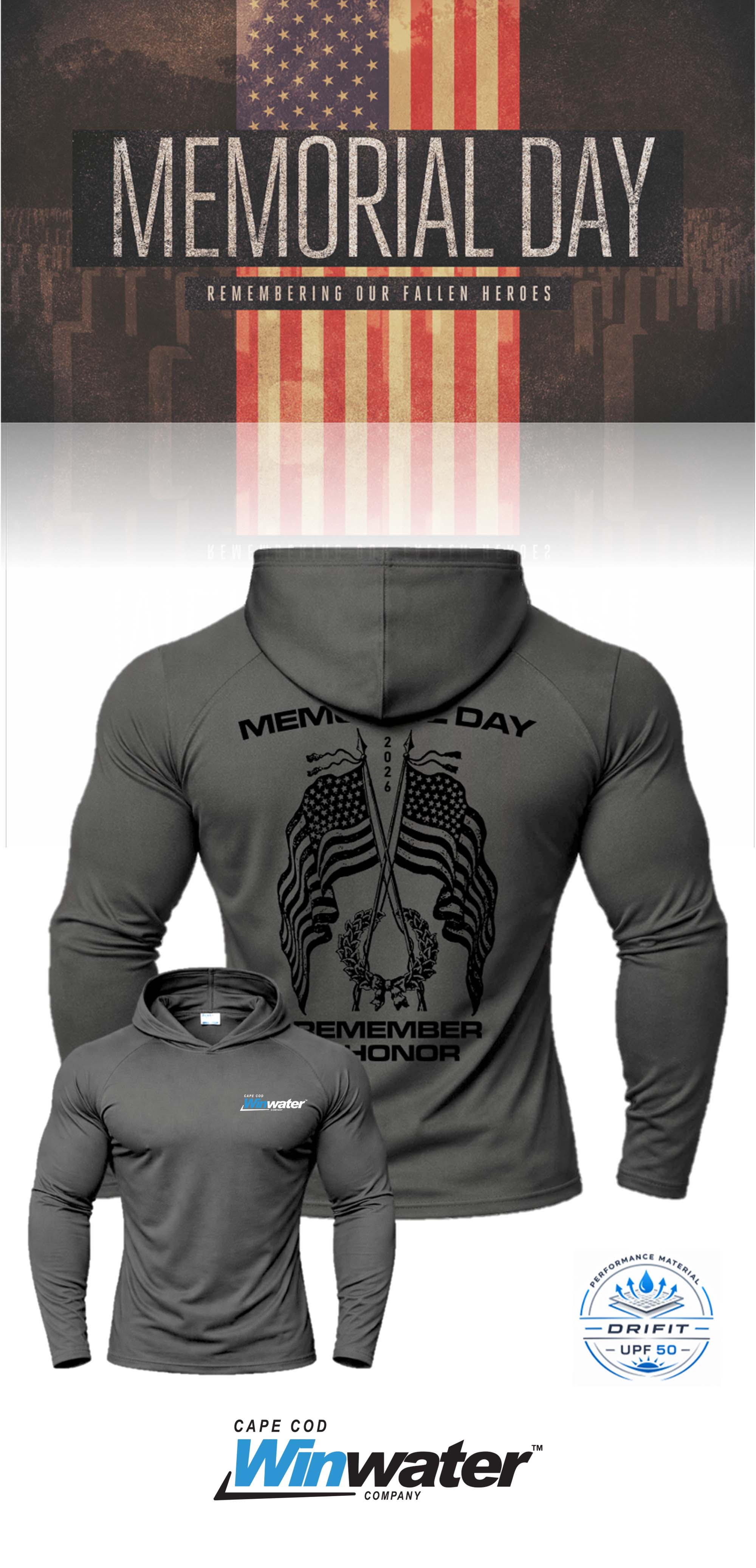 MEMORIAL DAY Port & Co™ Performance UPF 50 Hooded Long Sleeve - Winwater Cape Cod