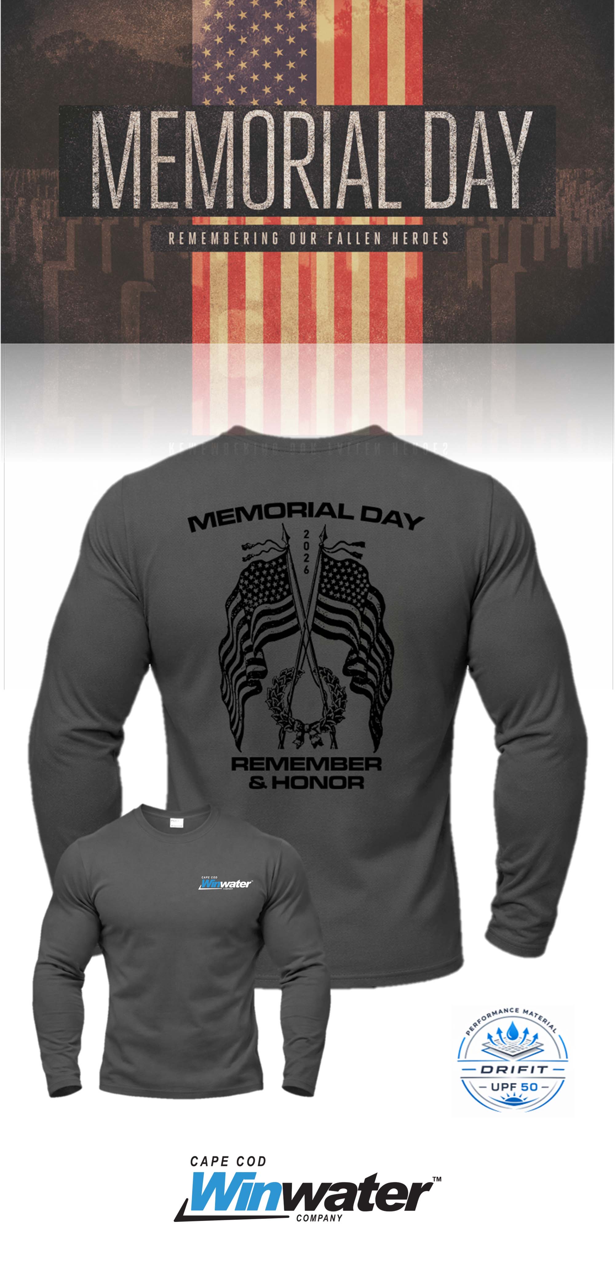 MEMORIAL DAY Port & Co™ Performance UPF 50 Long Sleeve - Winwater Cape Cod