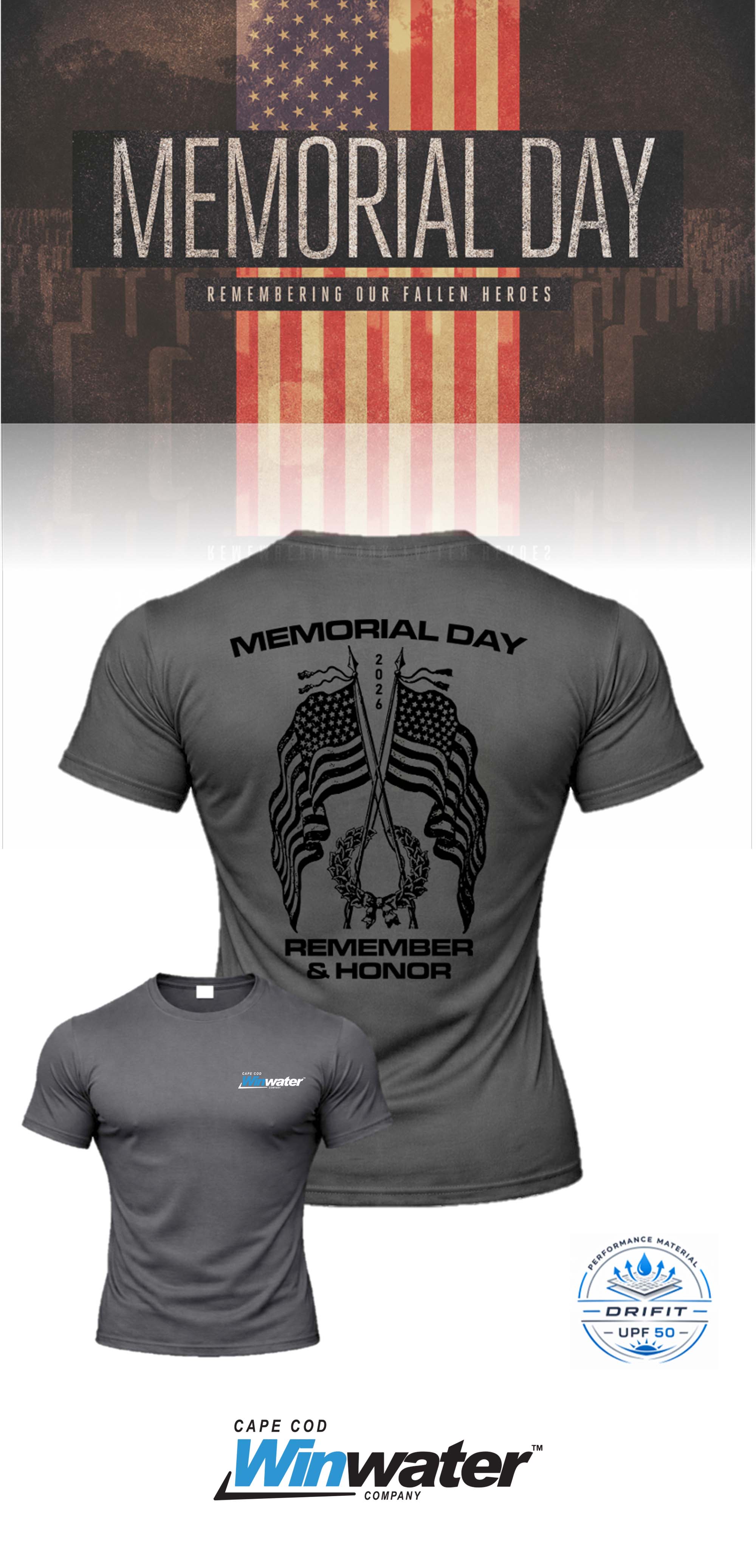MEMORIAL DAY Port & Co™ Performance UPF 50 Tee - Winwater Cape Cod